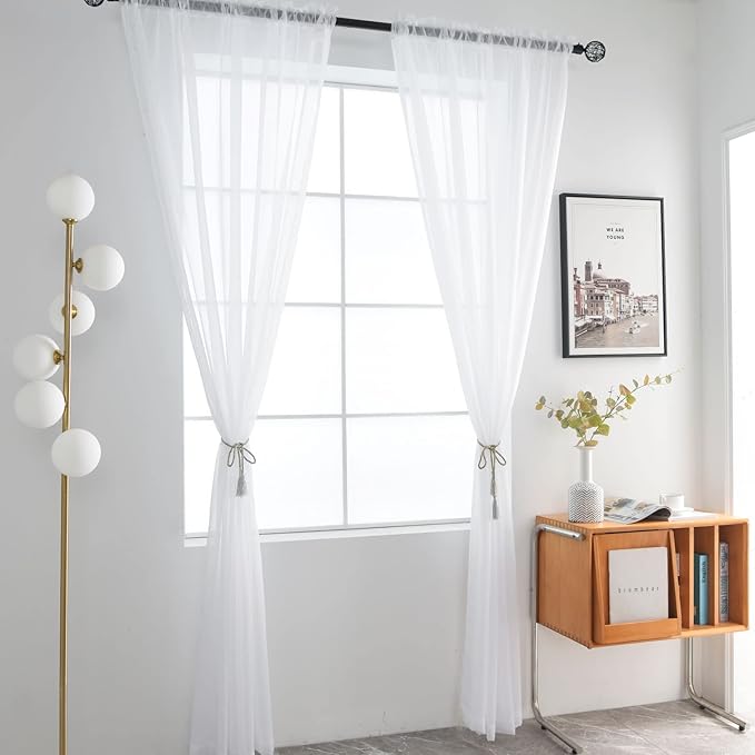 SpaceDresser Basic Rod Pocket Sheer Voile Window Curtain Panels White 1 Pair 2 Panels 60 Width 72 Inch Long for Kitchen Bedroom Children Living Room Yard(White,60 W x 72 L)