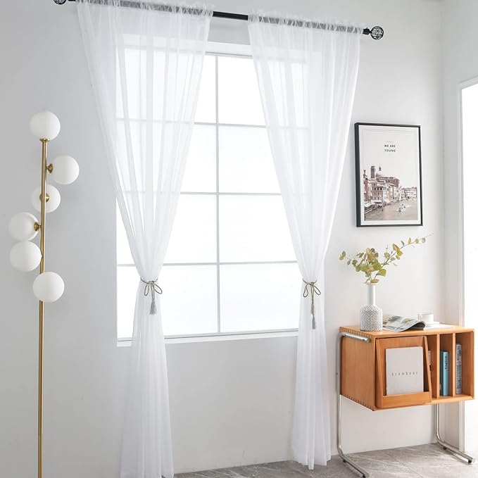 SpaceDresser Basic Rod Pocket Sheer Voile Window Curtain Panels White 1 Pair 2 Panels 70 Width 84 Inch Long for Kitchen Bedroom Children Living Room Yard(White,70 W x 84 L)
