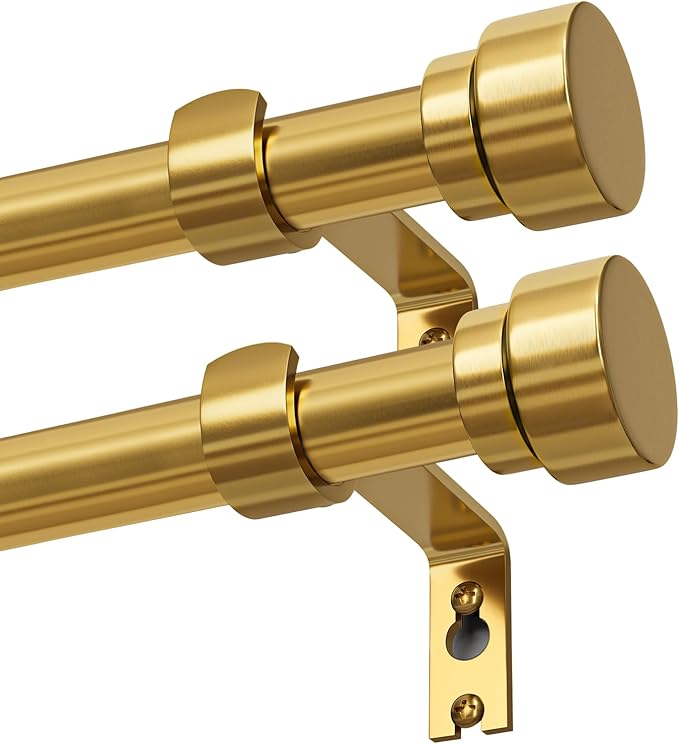 Lootkell 2 Pack Gold Curtain Rods Set for Windows 28 to 48 Heavy Duty 1" Diameter Adjustable Window Single Rods with Solid Metal Finials for Bedroom Living Room Kitchen Farmhouse