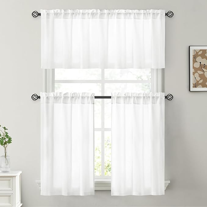 HOMEIDEAS Non-See-Through White Privacy Sheer Kitchen Curtains 30 X 24 Inches Long 2 Panels Short Sheer Curtains Light Filtering Bathroom Window Curtains Drapes for Bedroom Living Room