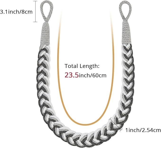 NICEEC 4 Pack Natural Cotton Rope Curtain Tiebacks Elegant Boho Style Decorative Drape Tie Backs Soft Hand-Woven Rope Curtain Holdbacks with Metal Hook for Home & Office Drapery (Grey & White)