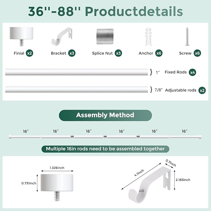 VOIIY White Curtain Rods for Windows 48 to 84 Inch(4-7 Feet),1" Diameter Drapery Rods with Modern Style End Cap Finials,Size:36-88 Inch