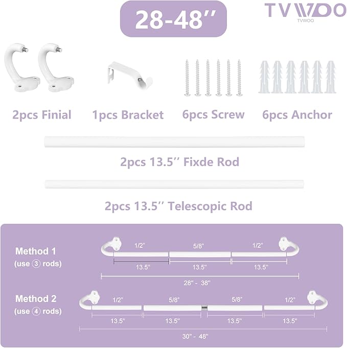 TVWOO Wrap Around Curtain Rods,White Curtain Rods 28 to 48 Inch,5/8 Inch Adjustable Blackout Curtain Rod Set with Bracket,Room Darkening Single Window Rod,Metal Hidden Curved Drapery Rods 28-48",White