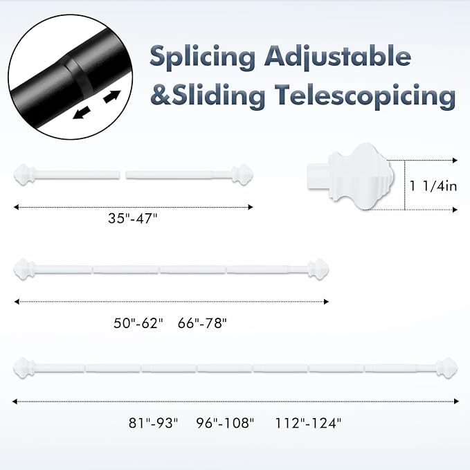 Curtain Rods for Windows 36-124 inch, 5/8 inch White Curtain Rod with Brackets Adjustable by Splicing for Bedroom Kitchen Living Room