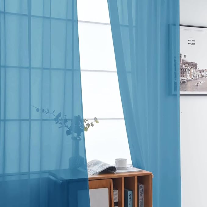 SpaceDresser Basic Rod Pocket Sheer Voile Window Curtain Panels Blue 1 Pair 2 Panels 52 Width 54 Inch Long for Kitchen Bedroom Children Living Room Yard（Blue, 52W x 54L）