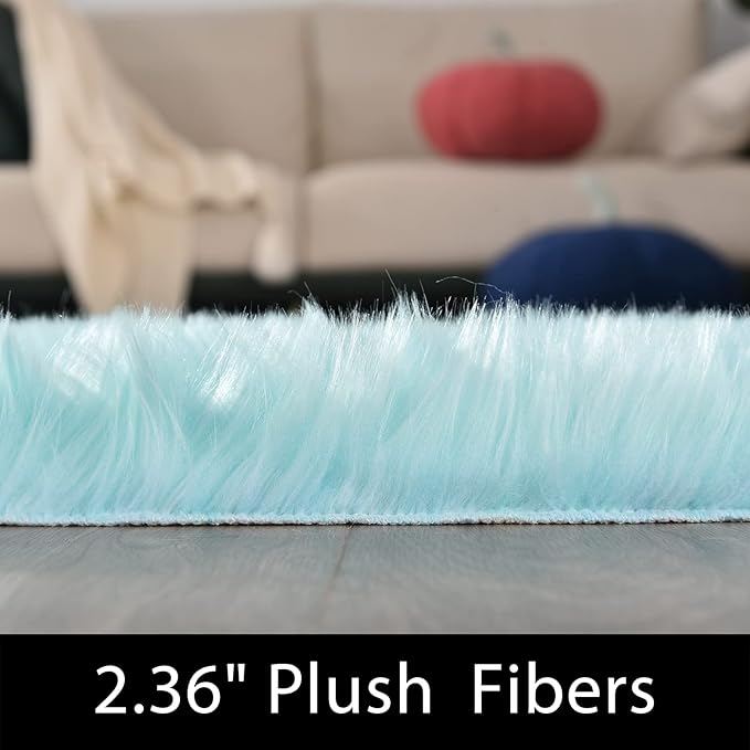 Latepis Blue Fur Circle Round Rugs 4ft Faux Sheepskin Rug Washable Fluffy Bedroom Rug Soft Bedside Boho Rugs Cute Room Décor