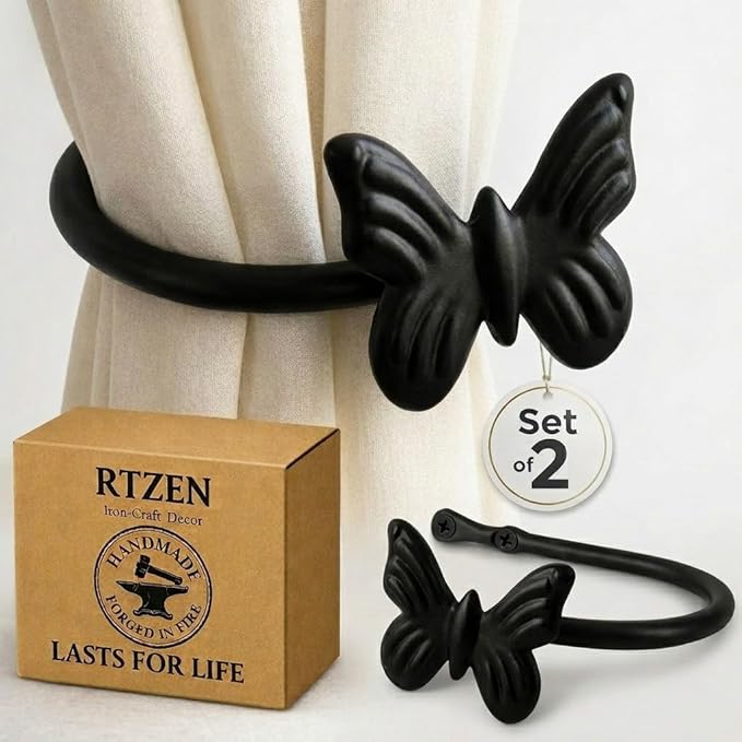 RTZEN Decorative Metal Curtain Tiebacks - Farmhouse Wrought Iron Curtain Holdbacks - Drapery Holders for Wall - Unique Metal Tie Backs for Curtains - 2 Pcs (Black Butterfly)