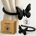RTZEN Decorative Metal Curtain Tiebacks - Farmhouse Wrought Iron Curtain Holdbacks - Drapery Holders for Wall - Unique Metal Tie Backs for Curtains - 2 Pcs (Black Butterfly)