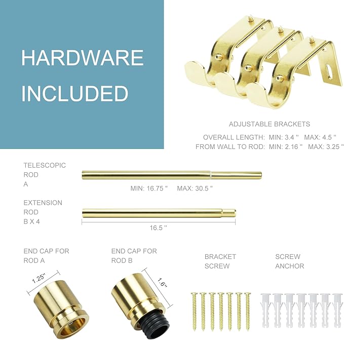 Byondeth Curtain Rods for Windows 16 to 88 Inches Adjustable Length 1 Inch Diameter Window Curtain Rod with Aluminium Finials, Gold