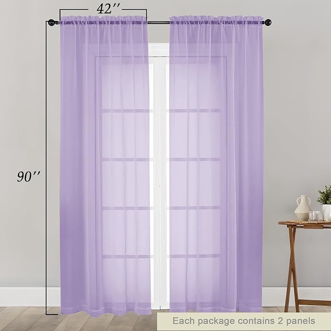 Sheer Lavender Curtains for Bedroom Living Room 90 Inches Long 2 Panels Set, Soft Airy Light Filtering Sheer Window Treatments, Modern Rod Pocket Curtains Drapes, Each 42" Wx90 L Inch