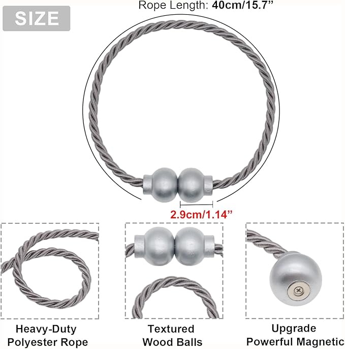 4 Pack Magnetic Curtain Tiebacks Modern Handmade Rope Curtain Tie Backs Decorative Drapes Weave Holdbacks for Home Outdoor Bedroom Office Decorative Curtain, Grey