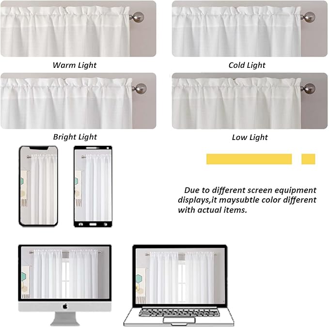 Chyhomenyc White Short Curtain Valance for Windows, Faux Linen Textured Half Window Curtains, Burlap Solid Topper Small Curtain Valance for Bathroom Laundry Basement, 60Wx20L Inch, 1 Piece