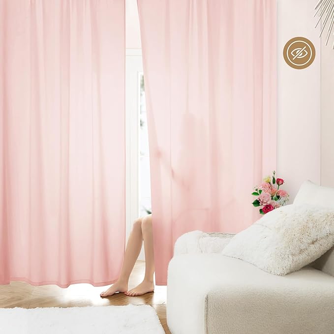 HOMEIDEAS Non-See-Through Blush Pink Privacy Sheer Curtains, 52 X 96 Inches Long 2 Panels Sheer Curtains Light Filtering Window Drapes for Bedroom Living Room
