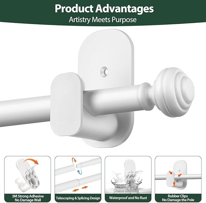 KAMANINA White Curtain Rod No Drilling 32 to 58 Inches, 5/8 Inch Adjustable Curtain Rods for Windows with 3M Adhesive Brackets without Drilling