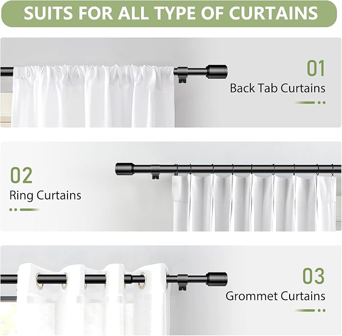 5/8” Diameter Curtain Rods 30-60 Inch, for 30-54 Inch Windows, Adjustable Splicing Black Curtain Rods for Windows with Brackets, Window Rod Long Small Curtains Rod, 2 Pack