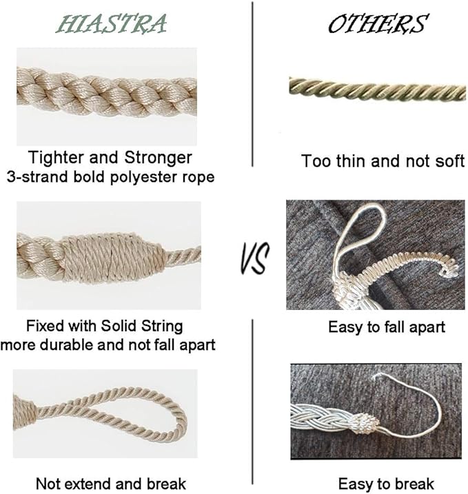 Curtain Tiebacks Ropes, 6pcs Decorative Handmade Tie Backs Curtain Holdbacks Holders Cord for Window Sheer Drapes Indoor Outdoor, Beige