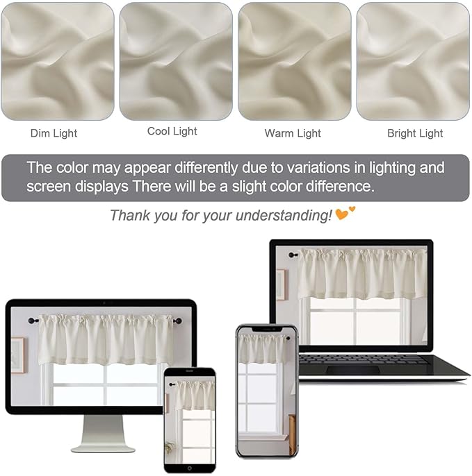 Chyhomenyc Natural Valances for Window, Light Filtering Short Curtains for Kitchen Bedroom Living Room, Rod Pocket Top Small Window Treatment Valance RV Bunk Panels, 60" Wx14 L, 2 Pieces