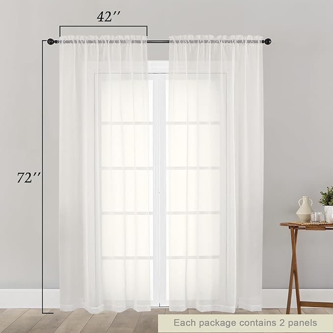 Ivory Sheer Curtain for Bedroom Living Room 72 Inches Long 2 Panels Set, Solid Soft Airy Light Filtering Sheer Window Curtains, Modern Rod Pocket Door Curtain, Ivory, 42" Wx72 L Inches