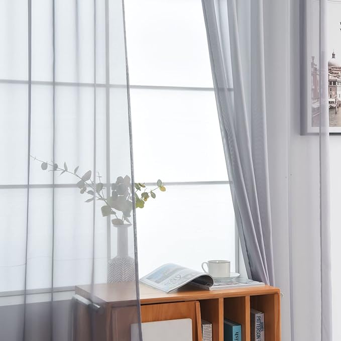 SpaceDresser Sheer Voile Window Treatment Rod Pocket Curtain Panels for Kitchen Bedroom Living Room Drapes Sunlight Filtering Privacy Semi Home Decor Assorted Colors Sizes (Grey, 52 W x 96 L)