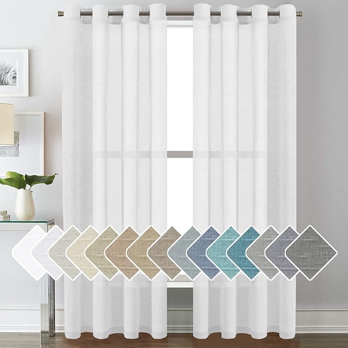 H.VERSAILTEX White Linen Sheer Curtains for Living Room Farmhouse Flax Linen Blended Curtain Panels Light Filtering Privacy Curtains 84 inch Length 2 Panels Grommet Drapes, 52" W x 84" L, Pure White