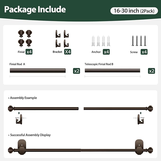 KAMANINA 2 Pack Curtain Rods No Drilling for Windows 16 to 30 Inches, 5/8 Inch Diameter Telescoping Drapery Rods with Adhesive Brackets, Bronze