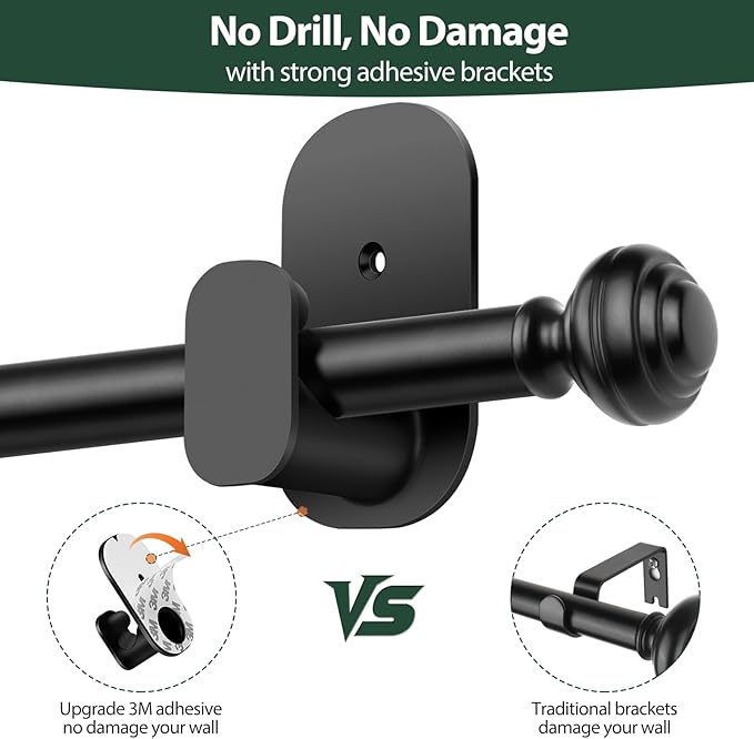 KAMANINA No Drill Curtain Rods for Windows 32 to 58 Inches, 5/8 Inch Renter Friendly Curain Rod 2 Pack Adjustable Drapery Rod with 3M Adhesive Brackets without Drilling, Black