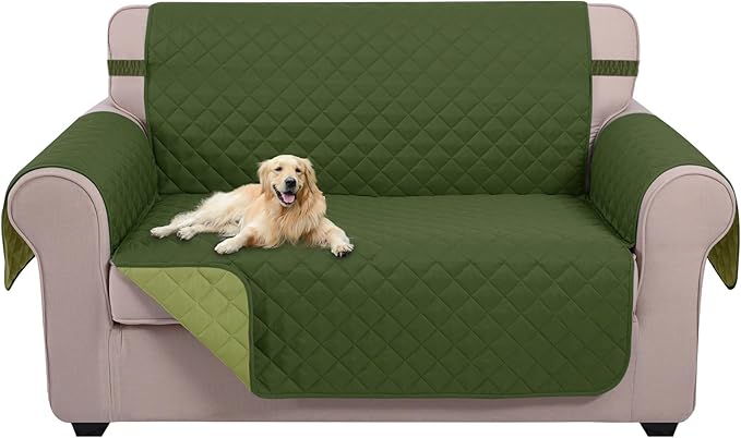 U-NICE HOME Loveseat Sofa Cover Reversible Couch Cover for Dogs with Elastic Straps Water Resistant Furniture Protector for Pets Couch Cover for 2 Cushion Couch (Loveseat, Huntergreen/Sage)