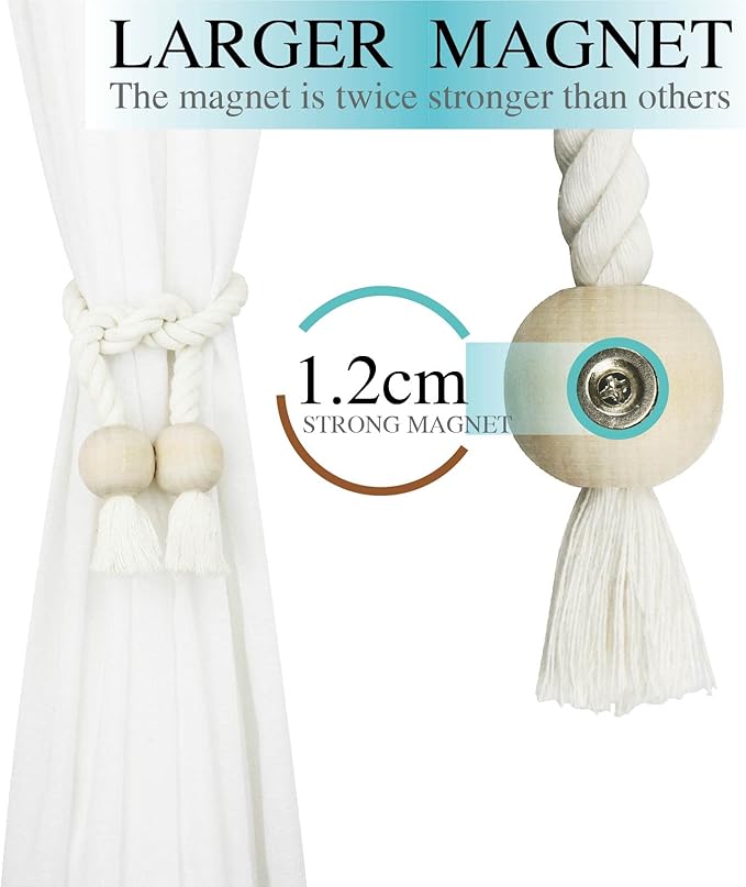 6 Pack Magnetic Curtain Tiebacks Cotton Hand Woven Tie Back Decorative Rope Holdbacks for Curtains Draperies No Tools Required, Cream
