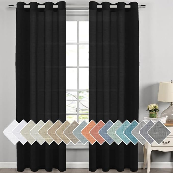 H.VERSAILTEX Linen Curtains Natural Blended Curtain Panels for Living Room/Light Reducing Linen Semi Sheer Curtains 108 inch Length 2 Panels Set Nickel Grommet Window Panels, 52" x 108", Black