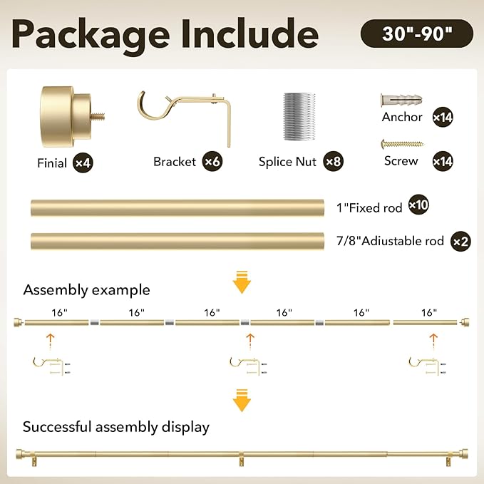 IFELS 2 Pack Heavy Duty Curtain Rods for Windows 48 to 84 Inch, 1 Inch Gold Adjustable Curtain Rod Set with Easy Installation and Modern Design (A1,Gold,30-90",2Pack)