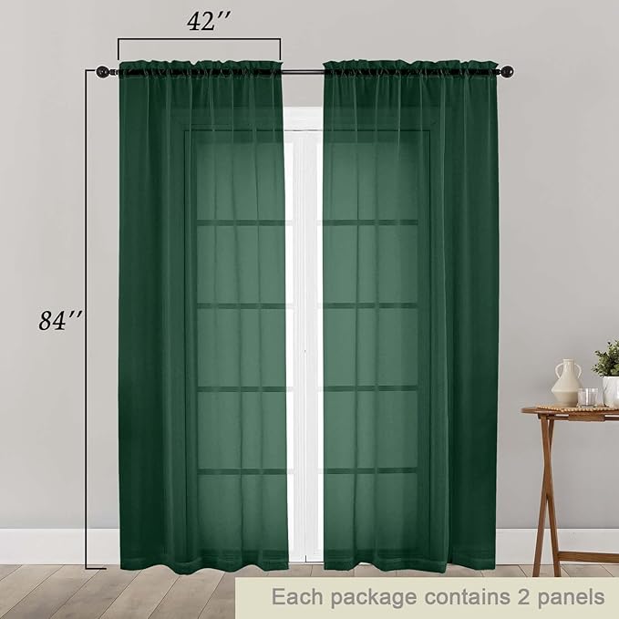 Hunter Green Sheer Curtains 84 Inches Long 2 Panels, Soft Airy Light Filtering Curtains for Bedroom Living Room, Rod Pocket Privacy Drapes Window Treatments, Hunter Green, Total Wide 84 Inch