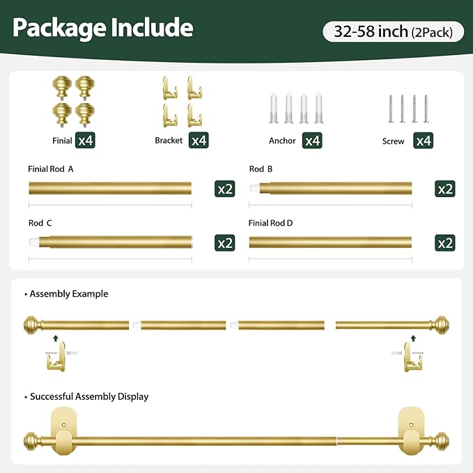 KAMANINA 2 Pack Curtain Rods No Drilling for Windows 32 to 58 Inches, 5/8 Inch Diameter Adjustable Single Curtain Poles with Adhesive Brackets, Gold