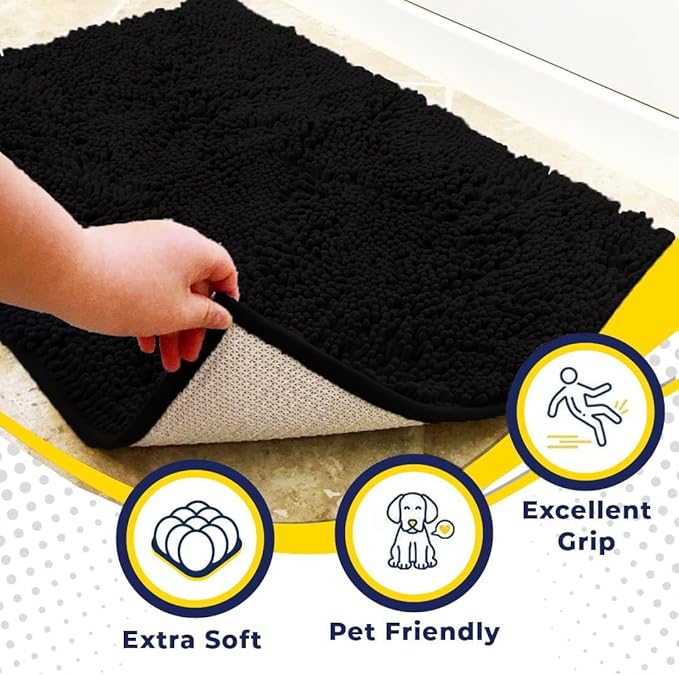 Muddy Mat® | Super Absorbent Door Mat Indoor, Microfiber Quick Dry Chenille Entryway Rug, Non-Slip Front Door Mat, Indoor Mats for Entryway, Machine Washable Pet Rug, Black 5ft x 7ft