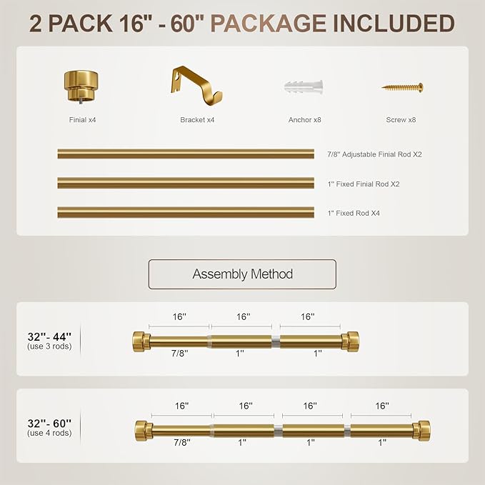 Lootkell 2 Pack Gold Curtain Rods Set for Windows 28 to 48 Heavy Duty 1" Diameter Adjustable Window Single Rods with Solid Metal Finials for Bedroom Living Room Kitchen Farmhouse