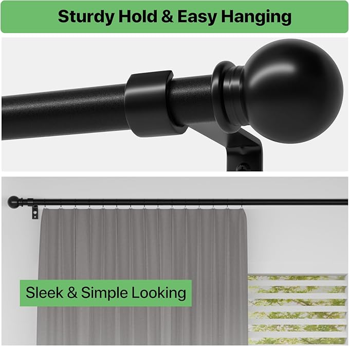 2 Pack 28-48 inch Black Metal Wall Mounted Curtain Rod Set with Brackets, 5/8" Adjustable Small Curtain Rods for Bedroom, Kitchen, Living Room, Grommet Curtains