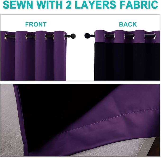 NICETOWN 100% Blackout Curtains with Black Liner Backing, Thermal Insulated Curtains for Living Room, Noise Reducing Drapes, Royal Purple, 37" Wide x 60" Long Per Panel, Set of 2 Panels