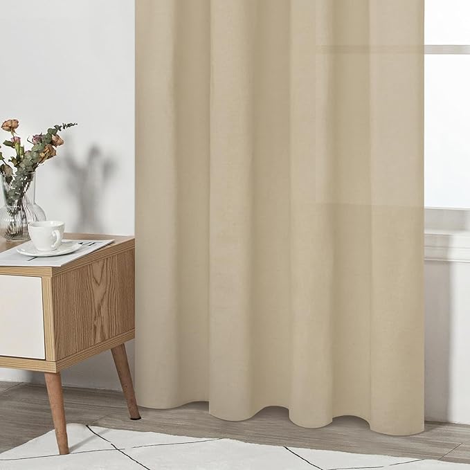 FRAMICS Farmhouse Cotton Linen Curtains for Living Room, Boho Button Curtains 84 Inch Length 2 Panels, Rustic Country Linen Window Curtain for Bedroom Rod Pocket Drapes, 52 x 84 Inch, White and Linen