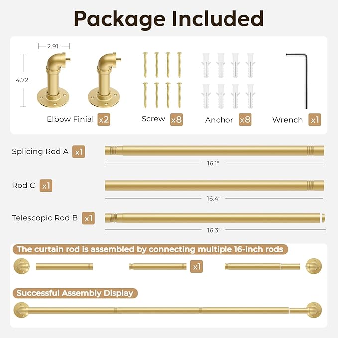 Zeerobee Curtain Rods for Windows 32 to 48, 1 Inch Industrial Wrap Around Gold Curtain Rod, Indoor/Outdoor Room Divider Adjustable Drapery Pole, 32"-48"