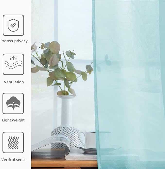 youleyar Solid Sheer Rod Pocket Curtain Voile Draperies 2 Panels White Beige Black Grey Ivory 52 Inch Width 72 Inch Long 1 Pair for Kitchen Bedroom Children Living Room Yard (Sky Blue,52Wｘ72L)