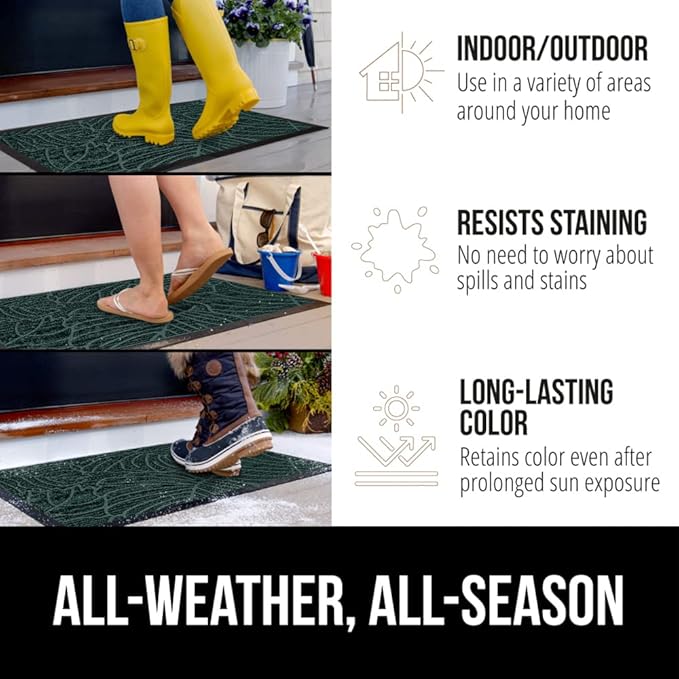 GORILLA GRIP 100% Waterproof All-Season WeatherMAX Doormat, 47x35, US Designed Natural Rubber, Stain and Fade Resistant, Low Profile Indoor Outdoor Door Mats, Easy Clean Patio Mat, Green Palm