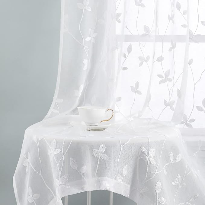 HOMEIDEAS White Sheer Curtains 52 X 84 Inches Length 2 Panels Embroidered Vine Floral Pattern Pocket Faux Linen Semi Sheer Voile Window Drapes for Bedroom Living Room