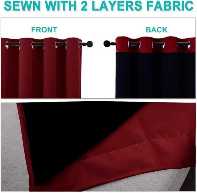 NICETOWN Truly Blackout Drapes for Living Room, Heavy-Duty Full Light Shading Curtain Set with Black Liner Backing for Villa/Hall/Dorm Window（Burgundy Red, Set of 2, 46 inches Wide x 90 inches Long