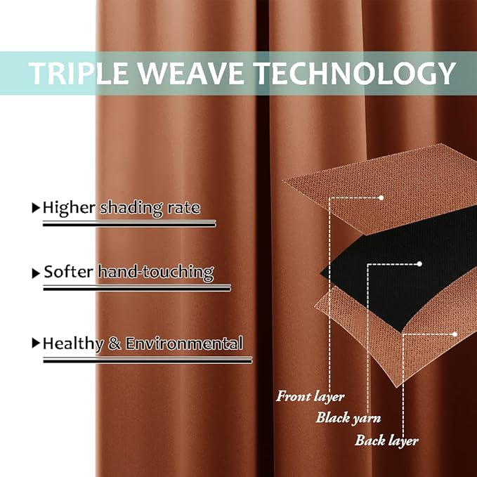 NICETOWN Burnt Orange 100% Blackout Lined Curtains, 2 Thick Layers Narrow Wide Window Treatment Panels Thermal Insulated Drapes for Kitchen Small Window (1 Pair, 37" Width x 63" Length Each Panel)