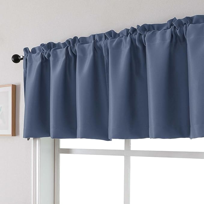 Chyhomenyc Denim Blue Valances for Window, Room Darkening Short Curtains for Kitchen Bedroom Living Room, Rod Pocket Top Small Window Treatment Valance RV Bunk Panels, 60Wx18L, 2 Pieces