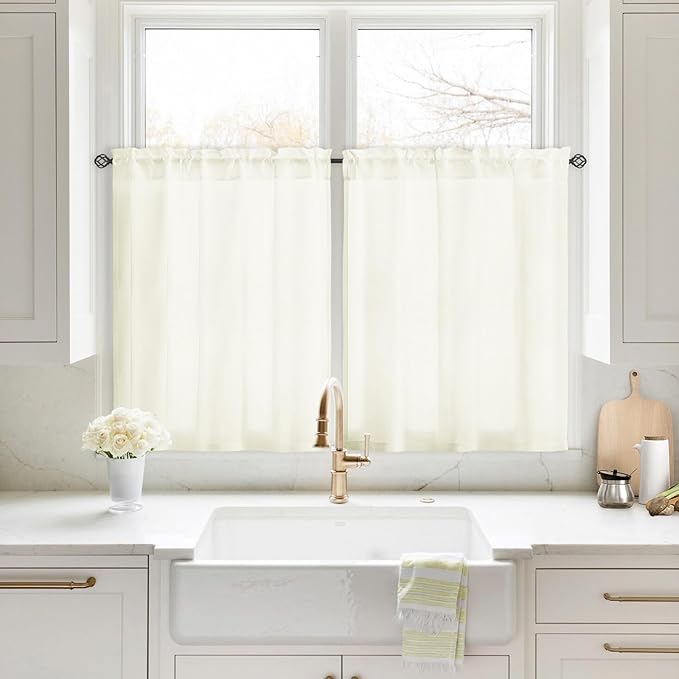 HOMEIDEAS Non-See-Through Ivory Privacy Sheer Kitchen Curtains, 30 X 36 Inches Long 2 Panels Short Sheer Curtains Light Filtering Bathroom Window Drapes for Bedroom Living Room