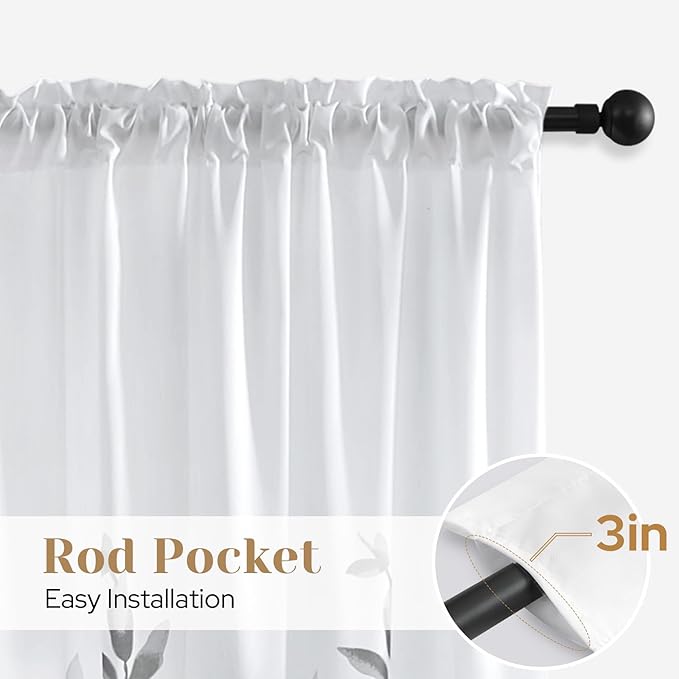 HOMEIDEAS Non-See-Through Light Grey and White Privacy Sheer Curtains 52 X 96 Inches Long 2 Panels, Leaf Floral Printed Light Filtering Semi Sheer Window Curtains Drapes for Bedroom Living Room