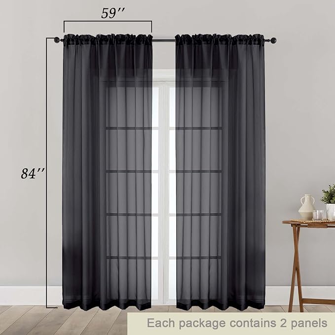 Black Sheer Curtains 84 Inches Long 2 Panels Set for Bedroom Living Room, Soft Airy Light Filtering Modern Solid Rod Pocket Drapes Window Treatments, Black, Each 59" W x 84" L