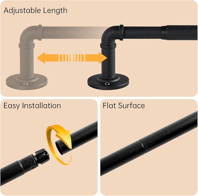 2 Pack Industrial Curtain Rods for Windows 48 to 84 Inches, Blackout Wrap Around Curtain Rod, for Indoor and Outdoor, 5/8 Inch Diameter, 35 to 75 Inches, Black