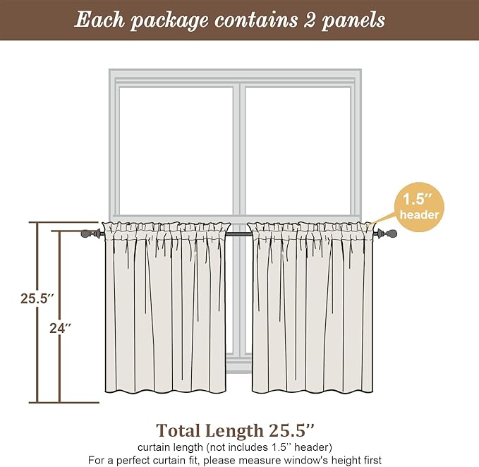 Chyhomenyc Black Sheer Tier Curtains 24 Inch Length, Small Window Curtains Treatment for Bathroom/Living Room/Cafe/Basement, Short Voile Curtain Tiers, 42W x 24L, Rod Pocket, 2 PCS