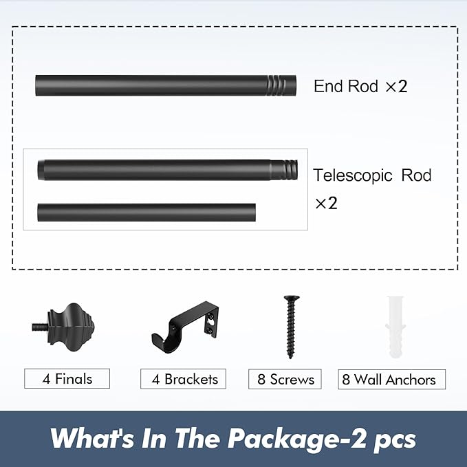 Curtain Rods for Windows 2 Pack 36-48 inch, 5/8 inch Matte Black Curtain Rod with Brackets Adjustable by Splicing for Bedroom Kitchen Study Living Room